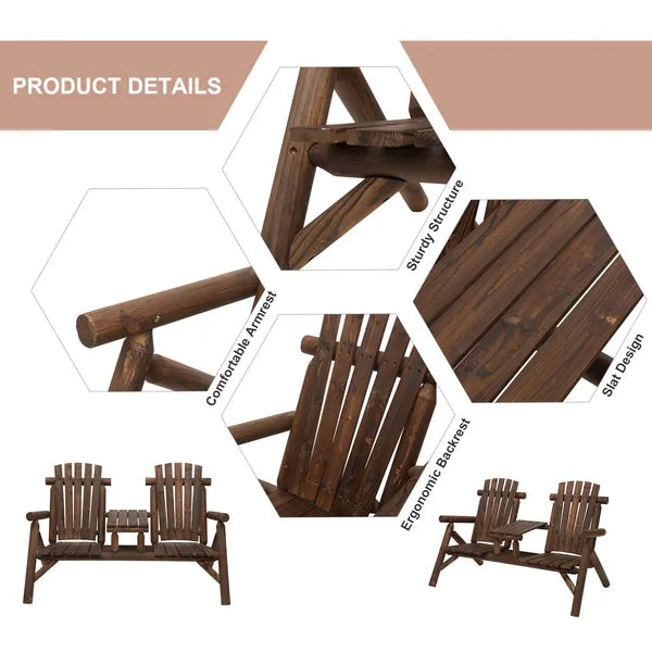 Outsunny Wood Adirondack Patio Chair Bench with Center Coffee Table, for Lounging and Relaxing Outdoors Carbonized - product image 6