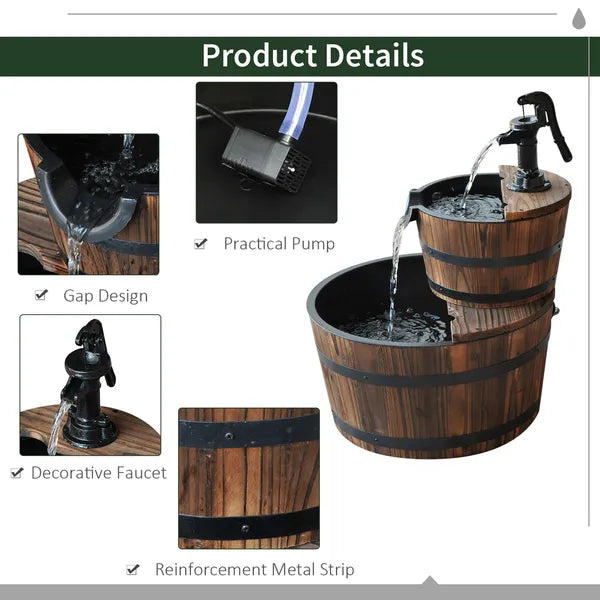 Wood Freestanding Fountain with 2 Tier Waterfall Barrel, Electric Pump for Garden Decor, Lawn, Backyard - product image 6