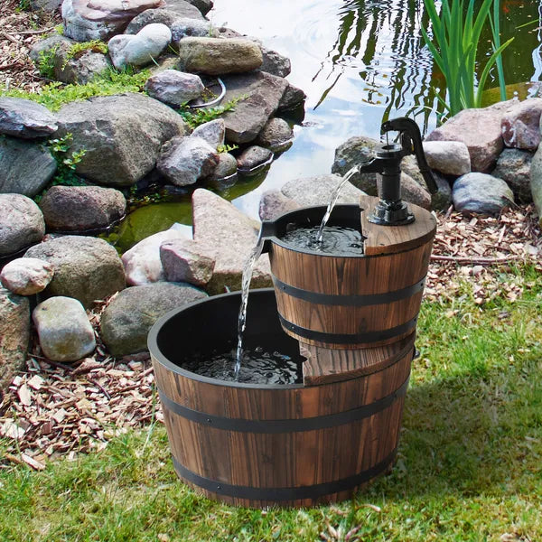 Wood Freestanding Fountain with 2 Tier Waterfall Barrel, Electric Pump for Garden Decor, Lawn, Backyard - product image 2