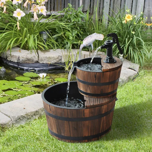 Wood Freestanding Fountain with 2 Tier Waterfall Barrel, Electric Pump for Garden Decor, Lawn, Backyard - product image 10