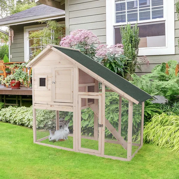 Wood Rabbit Hutch 2-Tier Small Animal House with Ramp and Run Natural 55" L - product image 2