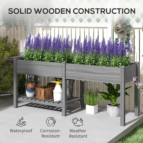 Outsunny Wood Raised Garden Box, Elevated Garden Bed with Side Table, Bottom Shelf, Bed Liners and Drainage Holes, Gray - product image 8
