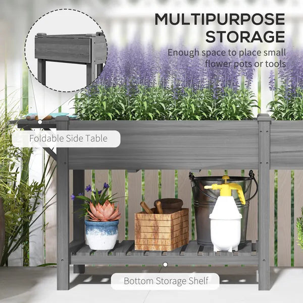 Outsunny Wood Raised Garden Box, Elevated Garden Bed with Side Table, Bottom Shelf, Bed Liners and Drainage Holes, Gray - product image 5