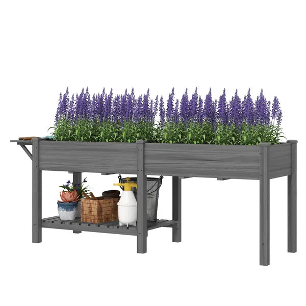 Outsunny Wood Raised Garden Box, Elevated Garden Bed with Side Table, Bottom Shelf, Bed Liners and Drainage Holes, Gray - product image 1