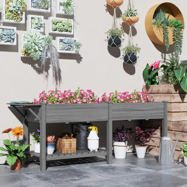 Outsunny Wood Raised Garden Box, Elevated Garden Bed with Side Table, Bottom Shelf, Bed Liners and Drainage Holes, Gray - product image 10