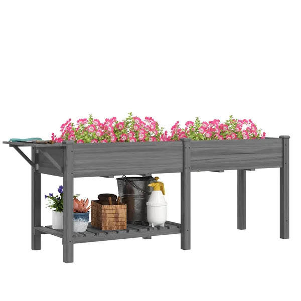 Outsunny Wood Raised Garden Box, Elevated Garden Bed with Side Table, Bottom Shelf, Bed Liners and Drainage Holes, Gray - product image 11