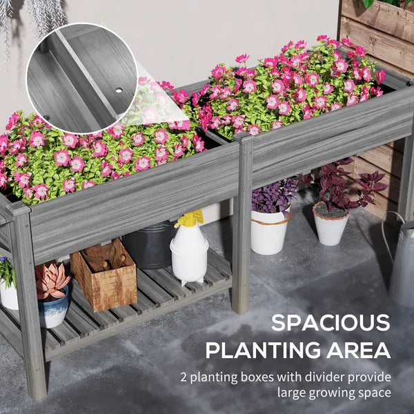 Outsunny Wood Raised Garden Box, Elevated Garden Bed with Side Table, Bottom Shelf, Bed Liners and Drainage Holes, Gray - product image 4