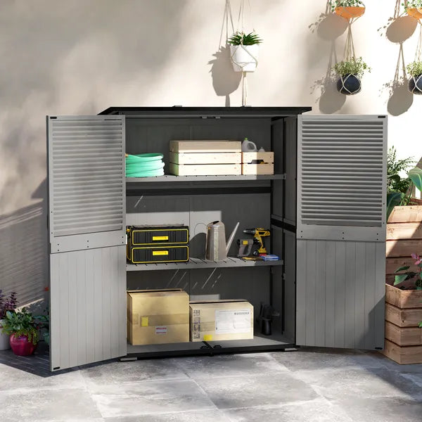 Outsunny Wood Storage Shed, Outdoor Garden Shed with Asphalt Roof, 2 Shelves, Lockable Doors and Adjustable Feet, Gray - product image 2