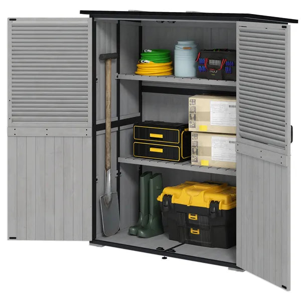 Outsunny Wood Storage Shed, Outdoor Garden Shed with Asphalt Roof, 2 Shelves, Lockable Doors and Adjustable Feet, Gray - product image 1