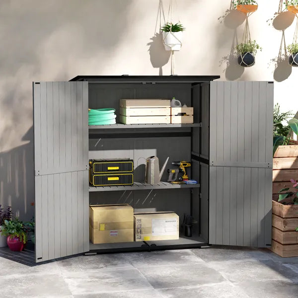 Wood Storage Shed, Outdoor Garden Shed with Asphalt Roof, 2 Shelves, Lockable Doors and Adjustable Feet, Gray - product image 2