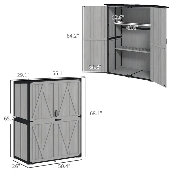 Wood Storage Shed, Outdoor Garden Shed with Asphalt Roof, 2 Shelves, Lockable Doors and Adjustable Feet, Gray - product image 3
