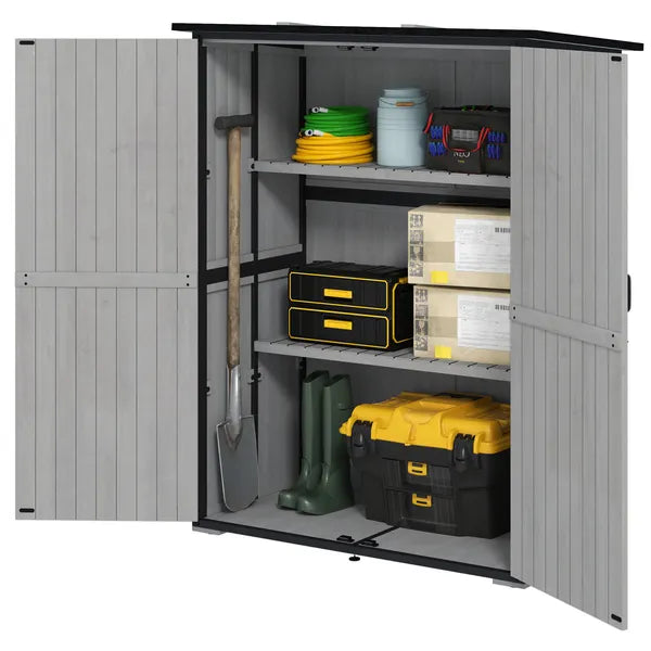 Wood Storage Shed, Outdoor Garden Shed with Asphalt Roof, 2 Shelves, Lockable Doors and Adjustable Feet, Gray - product image 1