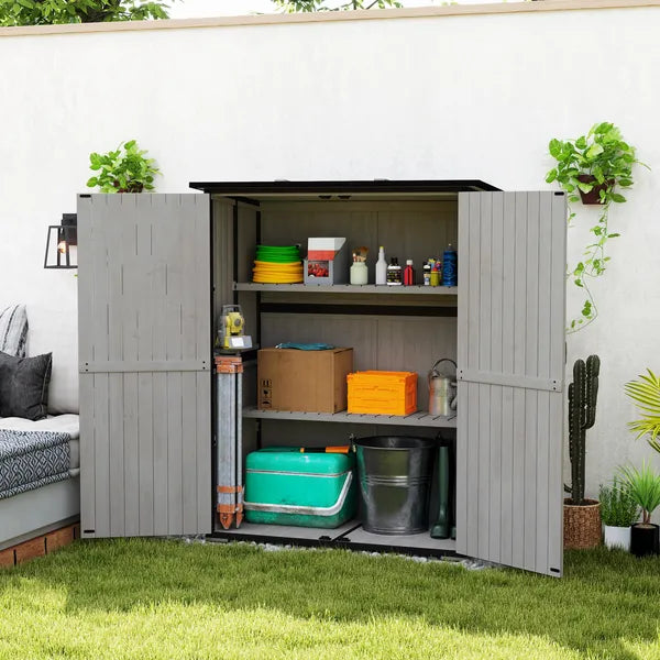 Wood Storage Shed, Outdoor Garden Shed with Asphalt Roof, 2 Shelves, Lockable Doors and Adjustable Feet, Gray - product image 10