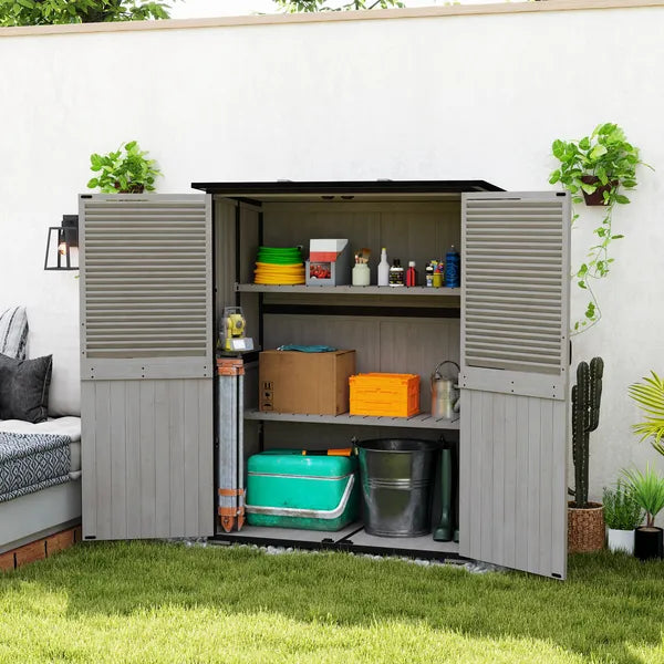 Outsunny Wood Storage Shed, Outdoor Garden Shed with Asphalt Roof, 2 Shelves, Lockable Doors and Adjustable Feet, Gray - product image 10