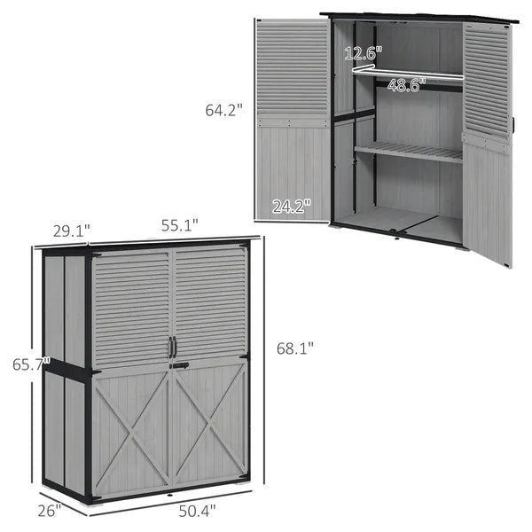 Outsunny Wood Storage Shed, Outdoor Garden Shed with Asphalt Roof, 2 Shelves, Lockable Doors and Adjustable Feet, Gray - product image 3