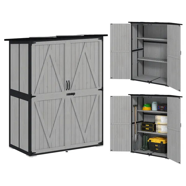 Wood Storage Shed, Outdoor Garden Shed with Asphalt Roof, 2 Shelves, Lockable Doors and Adjustable Feet, Gray - product image 11