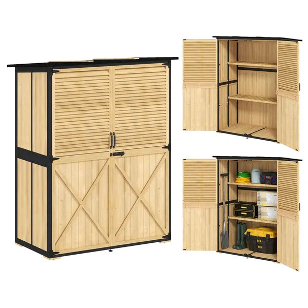 Outsunny Wood Garden Storage Shed with Asphalt Roof 2 Shelves and Shuttered Doors Natural - product image 11