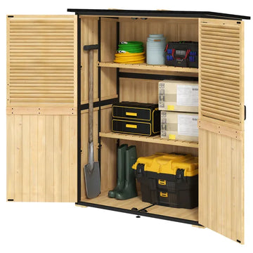 Outsunny Wood Garden Storage Shed with Asphalt Roof 2 Shelves and Shuttered Doors Natural - product image 1