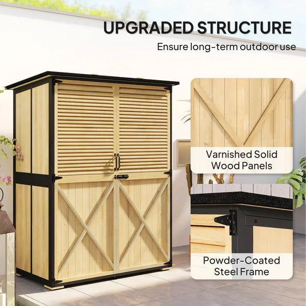 Outsunny Wood Garden Storage Shed with Asphalt Roof 2 Shelves and Shuttered Doors Natural - product image 4