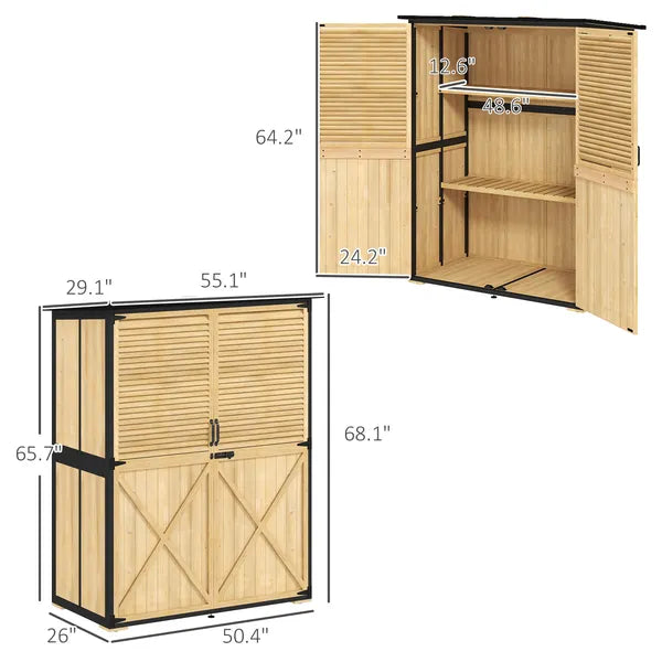 Outsunny Wood Garden Storage Shed with Asphalt Roof 2 Shelves and Shuttered Doors Natural - product image 3