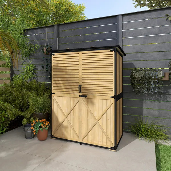Outsunny Wood Garden Storage Shed with Asphalt Roof 2 Shelves and Shuttered Doors Natural - product image 9
