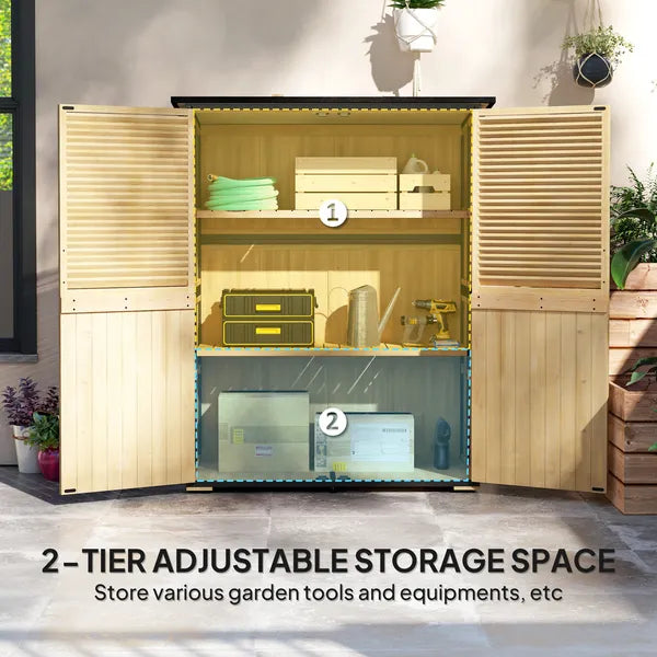 Outsunny Wood Garden Storage Shed with Asphalt Roof 2 Shelves and Shuttered Doors Natural - product image 6