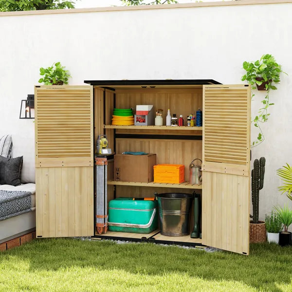 Outsunny Wood Garden Storage Shed with Asphalt Roof 2 Shelves and Shuttered Doors Natural - product image 10