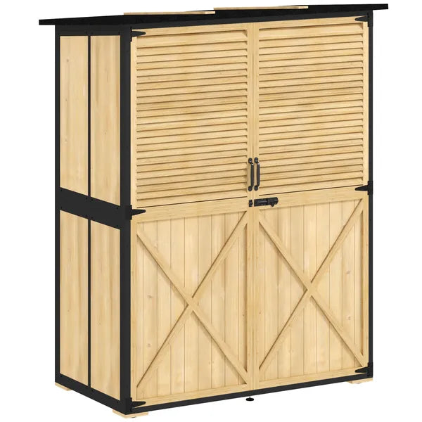 Outsunny Wood Garden Storage Shed with Asphalt Roof 2 Shelves and Shuttered Doors Natural - product image 12