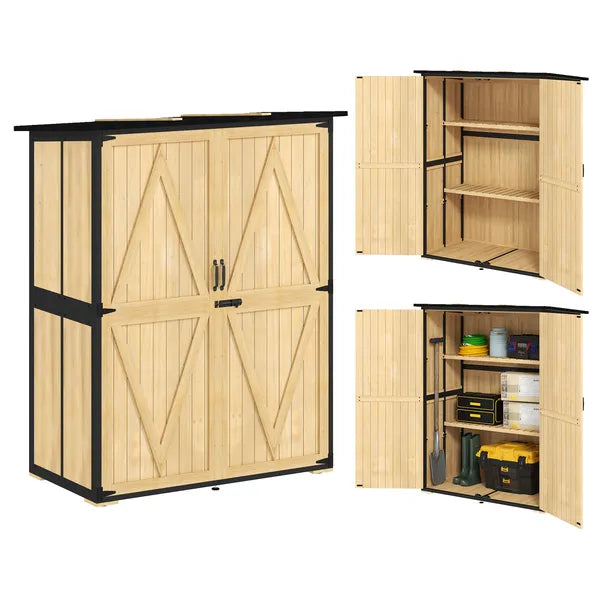 Outsunny Wood Garden Storage Shed with Asphalt Roof 2 Shelves and Double Doors Natural - product image 11