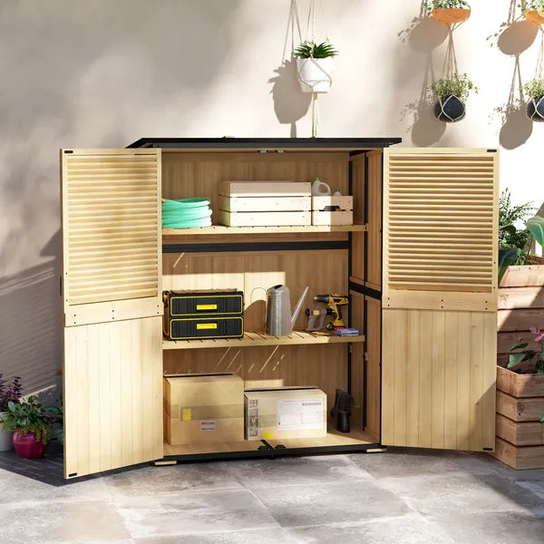 Outsunny Wood Garden Storage Shed with Asphalt Roof 2 Shelves and Shuttered Doors Natural - product image 2
