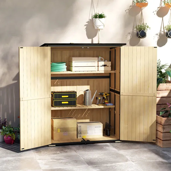 Outsunny Wood Garden Storage Shed with Asphalt Roof 2 Shelves and Double Doors Natural - product image 2