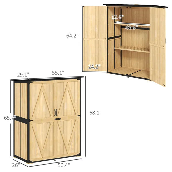Outsunny Wood Garden Storage Shed with Asphalt Roof 2 Shelves and Double Doors Natural - product image 3