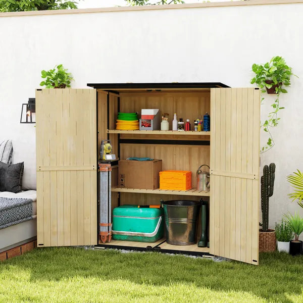 Outsunny Wood Garden Storage Shed with Asphalt Roof 2 Shelves and Double Doors Natural - product image 10