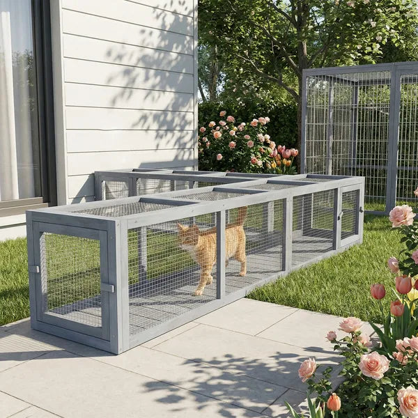 Wooden Cat Run with Weather Protection, Connecting Inside and Outside, 79"L x 15"W x 15"H, Dark Gray - product image 10