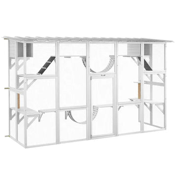 PawHut Wooden Catio Cat Window Box Enclosure, Outdoor Cat House with Roof and Play Shelves, 118 Inch x 37.5 Inch x 74 Inch, White - product image 1