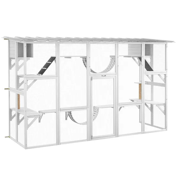 PawHut Wooden Catio Cat Window Box Enclosure, Outdoor Cat House with Roof and Play Shelves, 118 Inch x 37.5 Inch x 74 Inch, White - product image 1