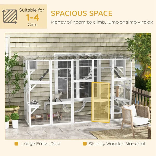 PawHut Wooden Catio Cat Window Box Enclosure, Outdoor Cat House with Roof and Play Shelves, 118 Inch x 37.5 Inch x 74 Inch, White - product image 7