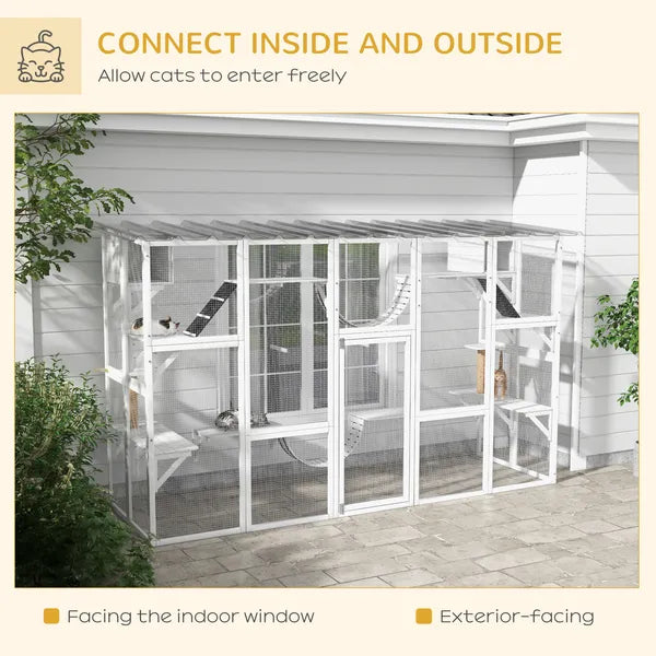 PawHut Wooden Catio Cat Window Box Enclosure, Outdoor Cat House with Roof and Play Shelves, 118 Inch x 37.5 Inch x 74 Inch, White - product image 4