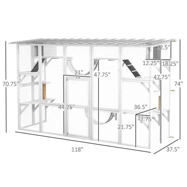 PawHut Wooden Catio Cat Window Box Enclosure, Outdoor Cat House with Roof and Play Shelves, 118 Inch x 37.5 Inch x 74 Inch, White - product image 3