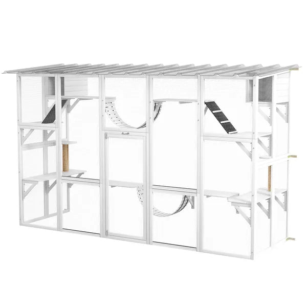 PawHut Wooden Catio Cat Window Box Enclosure, Outdoor Cat House with Roof and Play Shelves, 118 Inch x 37.5 Inch x 74 Inch, White - product image 11