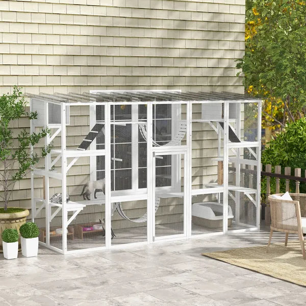 PawHut Wooden Catio Cat Window Box Enclosure, Outdoor Cat House with Roof and Play Shelves, 118 Inch x 37.5 Inch x 74 Inch, White - product image 10