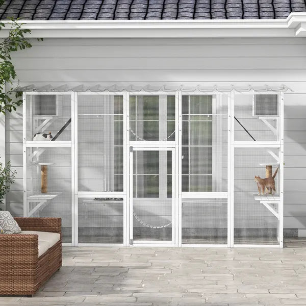 PawHut Wooden Catio Cat Window Box Enclosure, Outdoor Cat House with Roof and Play Shelves, 118 Inch x 37.5 Inch x 74 Inch, White - product image 9