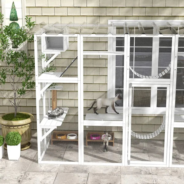 PawHut Wooden Catio Cat Window Box Enclosure, Outdoor Cat House with Roof and Play Shelves, 118 Inch x 37.5 Inch x 74 Inch, White - product image 8