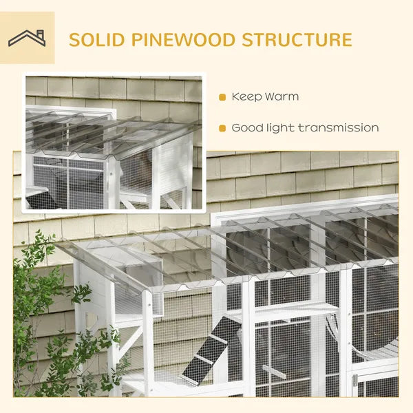 PawHut Wooden Catio Cat Window Box Enclosure, Outdoor Cat House with Roof and Play Shelves, 118 Inch x 37.5 Inch x 74 Inch, White - product image 6