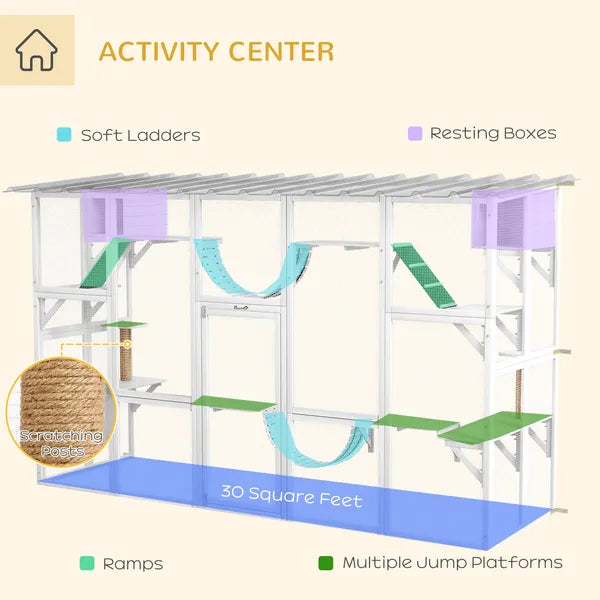 PawHut Wooden Catio Cat Window Box Enclosure, Outdoor Cat House with Roof and Play Shelves, 118 Inch x 37.5 Inch x 74 Inch, White - product image 5