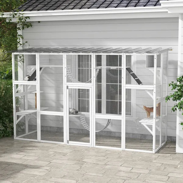 PawHut Wooden Catio Cat Window Box Enclosure, Outdoor Cat House with Roof and Play Shelves, 118 Inch x 37.5 Inch x 74 Inch, White - product image 2
