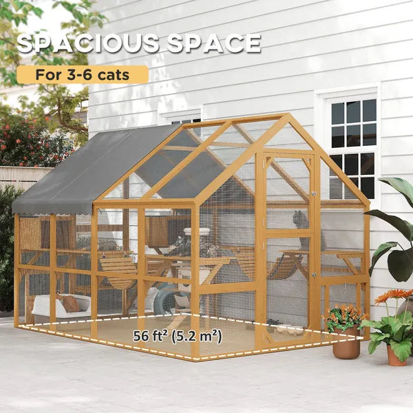PawHut Wooden Catio Outdoor Cat Enclosure, Large Cat House with Waterproof Cover, 2 Condos, 6 Platforms, Bridge, Doors, Yellow - product image 4