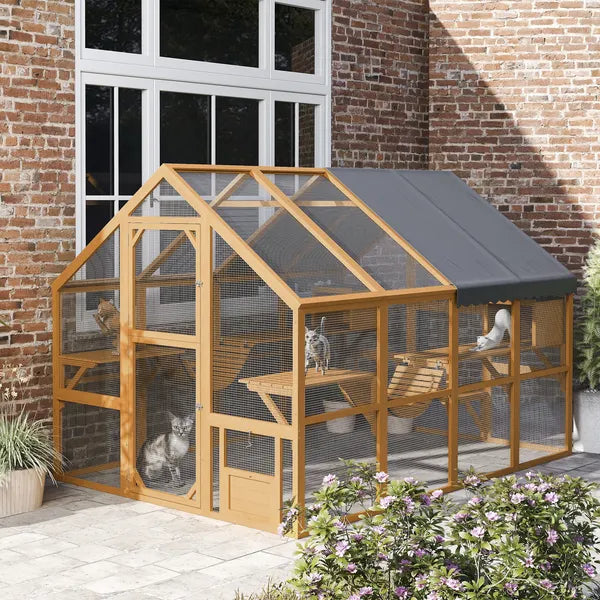 PawHut Wooden Catio Outdoor Cat Enclosure, Large Cat House with Waterproof Cover, 2 Condos, 6 Platforms, Bridge, Doors, Yellow - product image 8