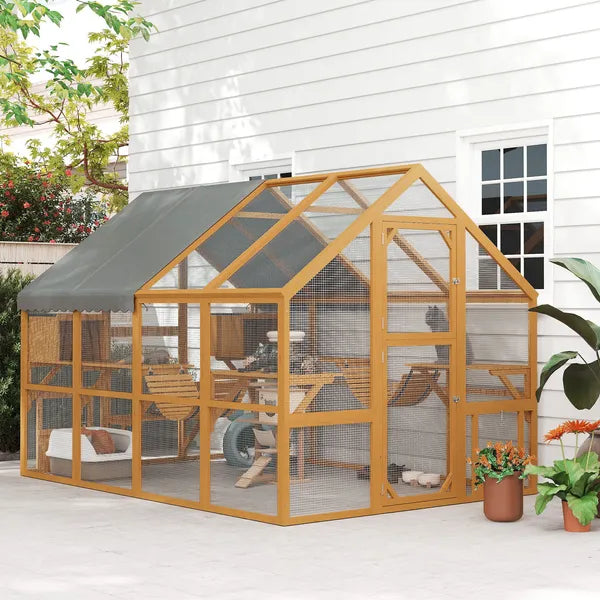 PawHut Wooden Catio Outdoor Cat Enclosure, Large Cat House with Waterproof Cover, 2 Condos, 6 Platforms, Bridge, Doors, Yellow - product image 10