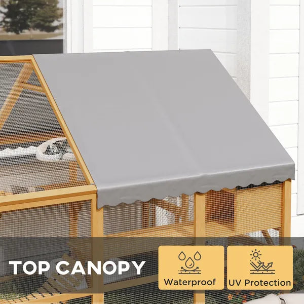 PawHut Wooden Catio Outdoor Cat Enclosure, Large Cat House with Waterproof Cover, 2 Condos, 6 Platforms, Bridge, Doors, Yellow - product image 6